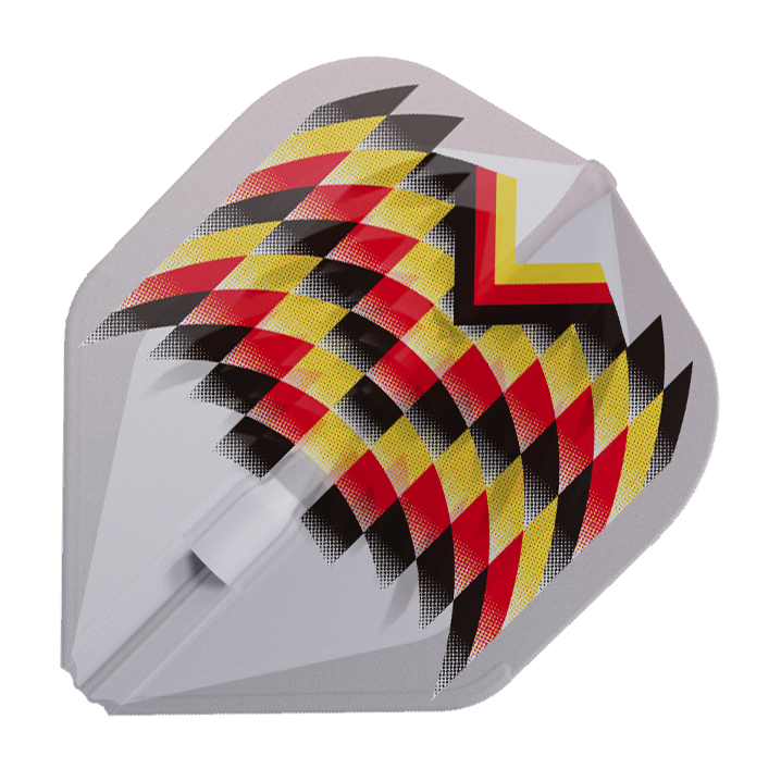 Das Bild zeigt ein Dartflight im weißen Design mit einem auffälligen Muster in Rot, Gelb und Schwarz. Es handelt sich um das „L-Style Gabriel Clemens V2 Clear White Signature Champagne L1EZ Flight“.